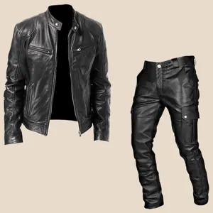 Autumn Winter Men's PU Leather Jacket and Pants Two Piece Set Casual Fashion Tracksuit Comfortable Windproof Warm Outdoor Daily Wear Outfit for Men