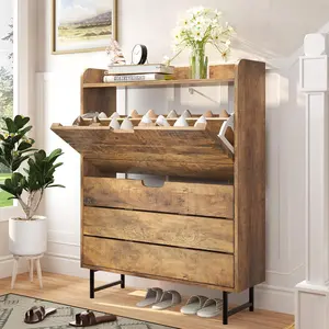 Vividwood Shoe Storage Cabinet with 2 Flip Drawers, Wooden Shoe Rack Organizer Cabinet with Adjustable Shelf, Narrow Shoe Cabinet for Entryway, Hallway, Living Room