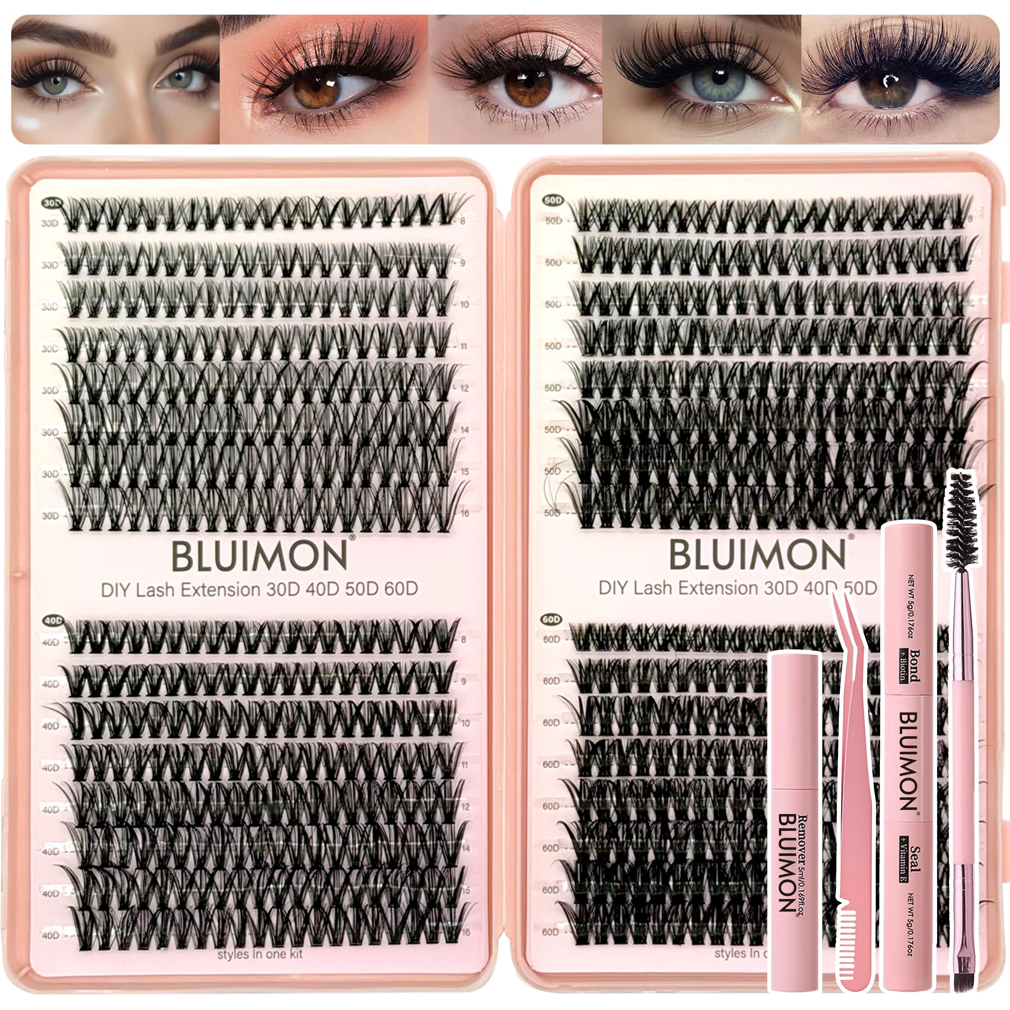 4-Style Cosmetic Lash Clusters Kit for DIY Eyelash Extensions, D-Curl Individual Lashes with 9-16mm Mixed Lengths, Bond, Seal, Remover, and Tweezers, Eyelashes Extensions, D Curl Lashes