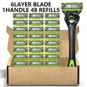 GETIFIT 6-layer Men'S Razor, with a Skin Protection System, Green Safe Razor, a Classic Men'S Shaving Tool for Daily Use, Facial Care Tool(1 Handle+48pcs/24pcs/12pcs)