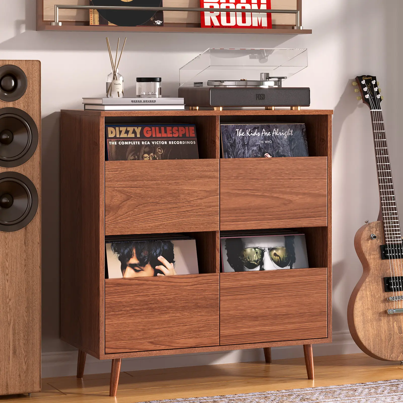 BROTTAR Record Player Stand, Suitable for 7"/10"/ 12" Vinyl Records, Mid-Century Modern Vinyl Record Storage Cabinet, Turntable Stand, Media Cabinet with DVD Drawers for Living Room, Brown