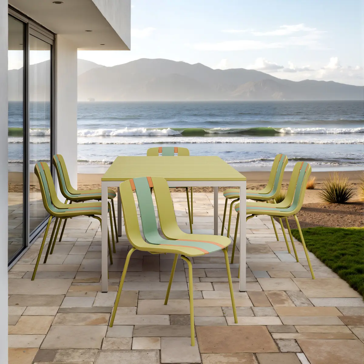 4-Pack Modern Striped Color Block Chairs - Indoor/Outdoor PP Plastic Seat, Sturdy Anti-Corrosion Treatment Metal Legs, Ergonomic Durable 330lb Capacity - Vibrant Yellow, Orange, Green - for Living Room, Balcony, Holiday Use, Rubber Legs With Anti-Slip Bot
