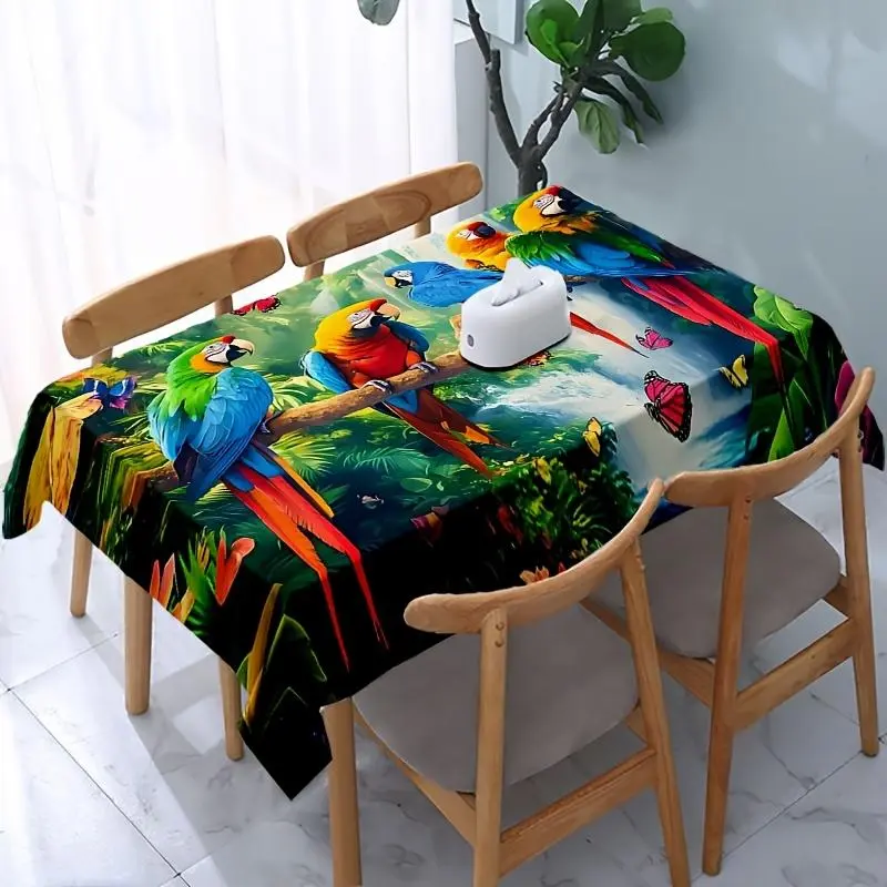 EastJia 1Pc Polyester Rectangle Tropical Rainforest Tablecloth - Made in USA, Colorful Parrot & Butterfly Design, Reusable Washable, Ideal for Indoor Outdoor Parties, Home Decor