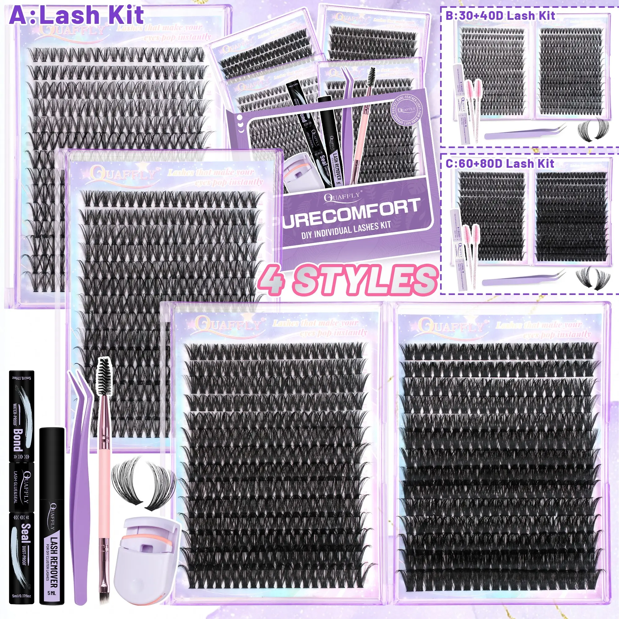 QUAFFLY A: 4-Styles Eyelash Cluster Kit 1,120Pcs D-Curl 10–18mm, Natural & Voluminous Clusters Includes Lash Tools: Bond & Seal, Remover, Tweezers, Eyelash Curler Value Bundle, Diy Eyelash Extensions, Eyelash Glue