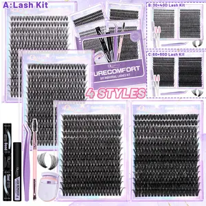 QUAFFLY A: 4-Styles Eyelash Cluster Kit 1,120Pcs D-Curl, 10–18 mm Eyelash Cluster Kit: Natural & Voluminous Clusters Includes Bond & Seal/ Remover/Tweezers/Eyelash Curler Value Bundle/B: 30+40D Lash Kit/C: 60+80D Lash Kit Eyelash Glue