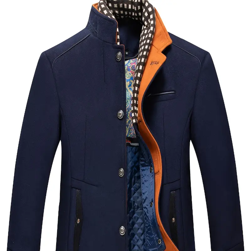 TNZI Men's Solid Black Blended Overcoat Jackets, Button-Front Windproof Winter Business Wear, Long-Sleeve with Purple Accents & Grey Scarf Trim, Menswear, Long Coat, Trench Coat, Tops, Elegant, Blended Fabric, Work, No