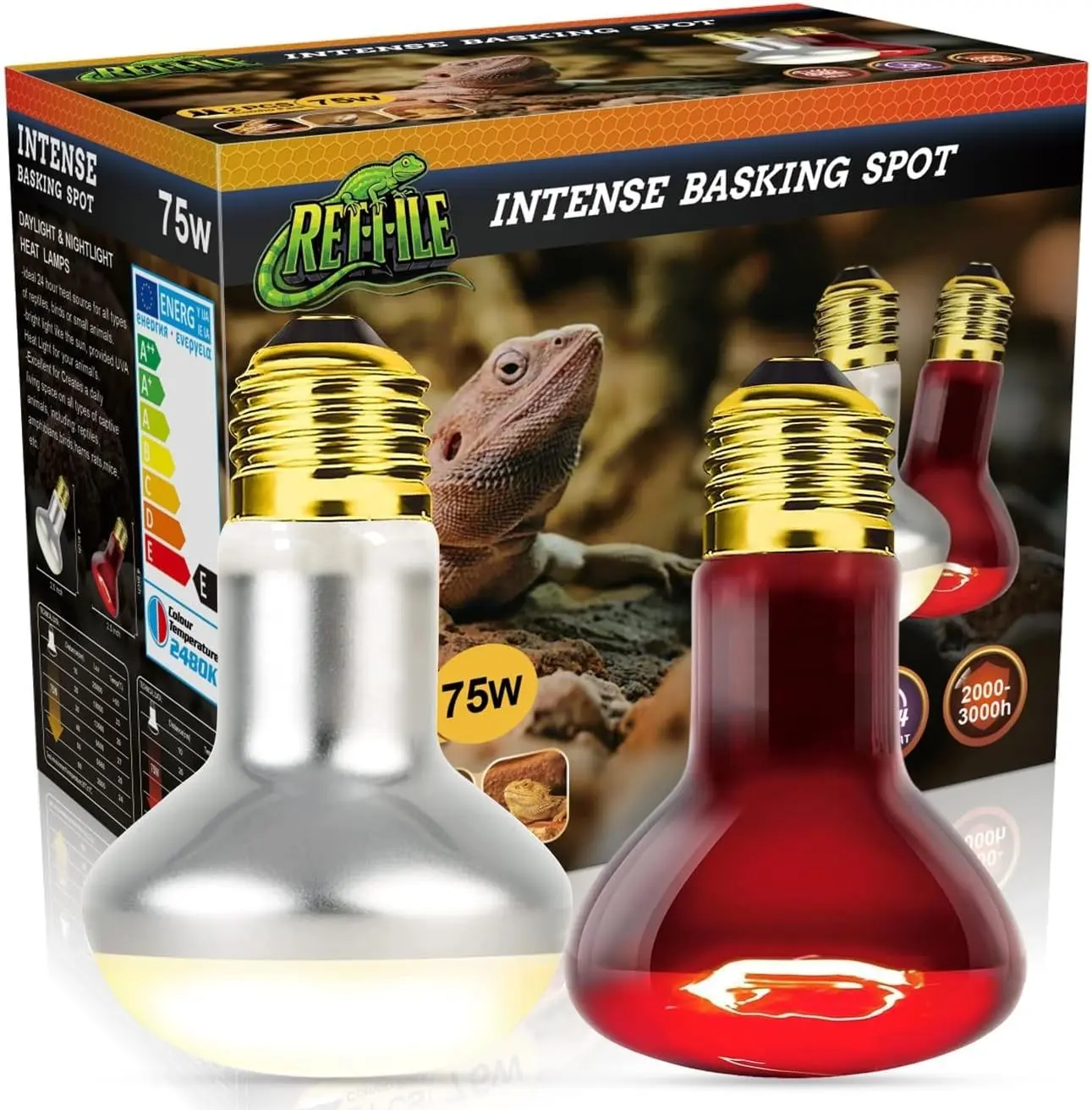 Infrared Reptile Heat Bulb Lamp 75W, 2-in-1 Day & Night Combo, Infrared Heat Lamp & UVA Sunlight Heating Lamp for Reptile Terrariums