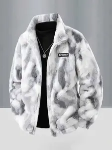 Men's Tie-Dye Faux Fur Jacket, Be Yourself Patch Detail, Full Zip Stand Collar, Warm Comfortable Coat, Winter Casual