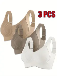 Women's Wireless Push-Up Bra Set, Comfortable Full Support Seamless Design, Perfect for Daily Wear & Layering, 3-Pack, Underwear, Supportive Wireless Bra