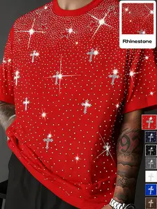 Men's and women's fashion pieces featuring a cross-shaped design with water-crystal embellishments, Short street-style Glam Fitted Crewneck Galaxy tops, Round Neck Streetwear, suitable for everyday wear and nighttime outings