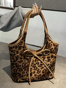 Retro leopard print casual shoulder tote bag, Handbag Shoulder Bag, niche design contrasting leather handle shoulder bag, bow-decorated leopard print tote bag, multiple colors, suitable for daily travel, shopping, etc., Fashionable Unique Bags