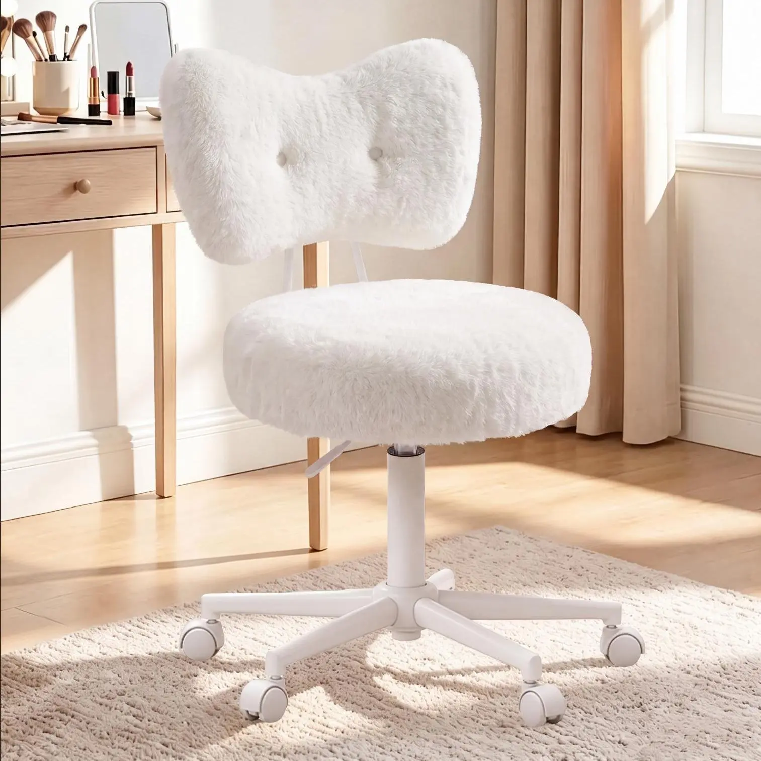 GRANNY SAYS Bow Back Vanity Chair - Pink Height-Adjustable Swivel Computer Desk Chair for Bedroom, Faux Rabbit Fur, High-Density Foam, 300 lbs Capacity, Easy Setup for Teens' Office