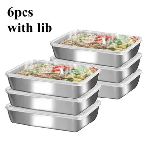 6-piece set, lidded stainless steel food storage containers, suitable for baking trays, preparation trays, cake pans, food sealing containers, keeps food fresh, lids are airtight. Can be placed in the refrigerator, dishwasher, and microwave