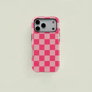 1PC Checkered Pink Pattern Phone Case, Heavy Duty Shockproof 2in1 Protective Cover,phone Case Suitable for Iphone 11/12/13/14/15/16/17 Pro Promax Plus Air and Samsung S22/S23/S24/S25 Plus Ultra Fe,Holiday Gift Minimalist Chic Protector Casing