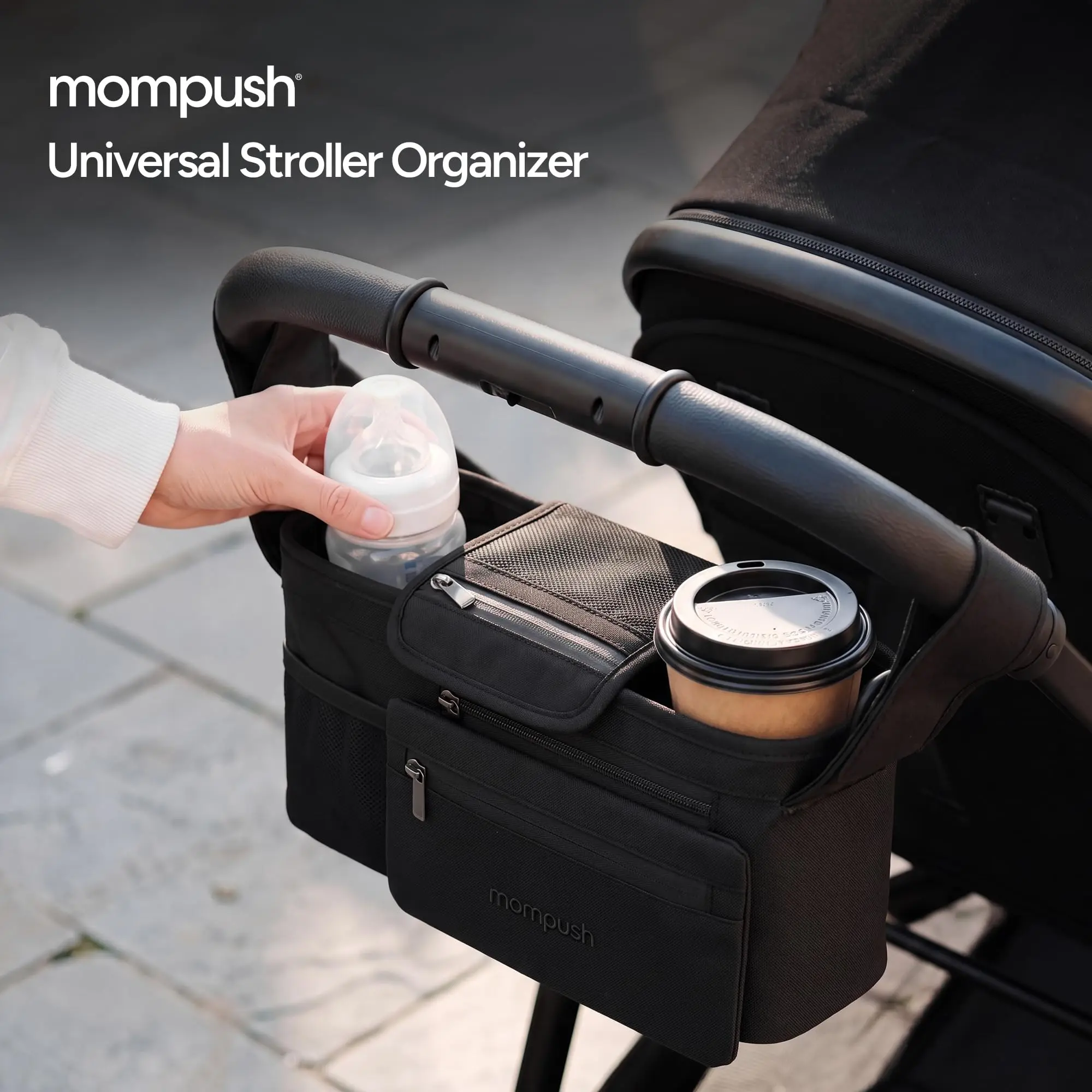 Mompush Universal Stroller Organizer Caddy with Insulated Cup Holder | Large storage capacity, multiple pockets, detachable zippered pouch, secure Velcro straps, universal stroller fit