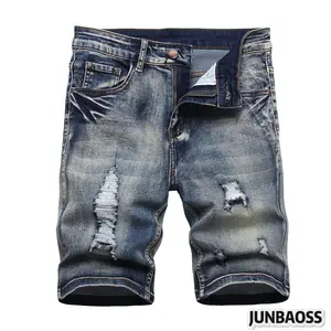 JUNBAOSS Men's Slim Fit Stretch Denim Shorts Ripped Skinny Jean Shorts for Men Fashion Straight Comfort Flex Waist Short Jean Menswear Trouser Street Style Classic with 5 Deep Pockets and Red Distressed Design Personalized Hipster Cotton Streetwear tiktok