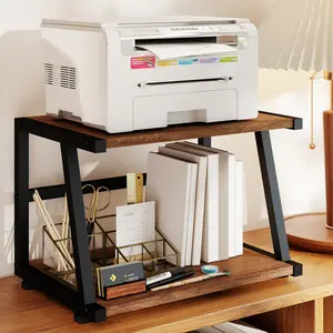 2-Tier Printer Stand for Desk, Space-Saving Desktop Organizer with Storage, Modern Steel Frame, Easy Assembly, Natural Oak Finish, Multi-Function Holder for Office Supplies, Printer and More