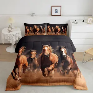 Galloping Horse Theme Microfiber Comfy Bedding Set - Brown Designer Duvet Quilt, Mellow Comforter, Cute Animal Decor, King/Queen Size Bed Comforter Set for Room Furnishings