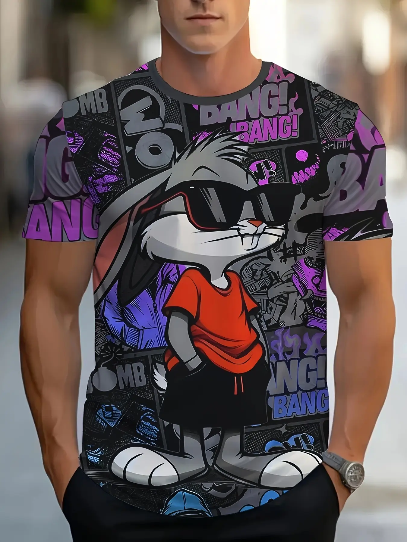 Men's Casual Summer Fitted Graphic T-Shirt, Cool Rabbit Print Design, Comfortable Short Sleeve Round Neck Top, Vibrant Graffiti Pattern, Daily Wear, Casual Fashion Tee