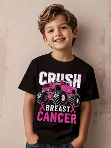1pc ' Breast Cancer Awareness T-Shirt - Pink Ribbon & Monster Truck Print, Cotton Short Sleeve Tee for Kids 3-13 Years, Cancer Gift for Mother's Day, with - Comfortable Round Neck Casual Top