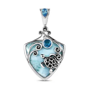 Sajen Silver Larimar and Celestial Blue Doublet Quartz 23.70 ctw Turtle Pendant in Rhodium Over Sterling Silver Christmas Gifts