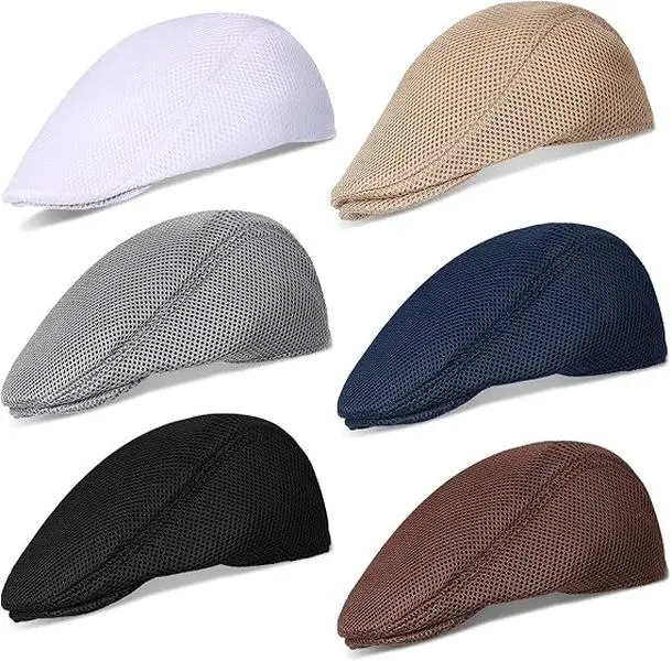 Men's Mesh Flat Cap Set Pack (6-Pcs), Cabbie Shape Breathable Outdoor Summer Hat, Adjustable Driving Cap for Home Improvement Use, Mesh Fabric