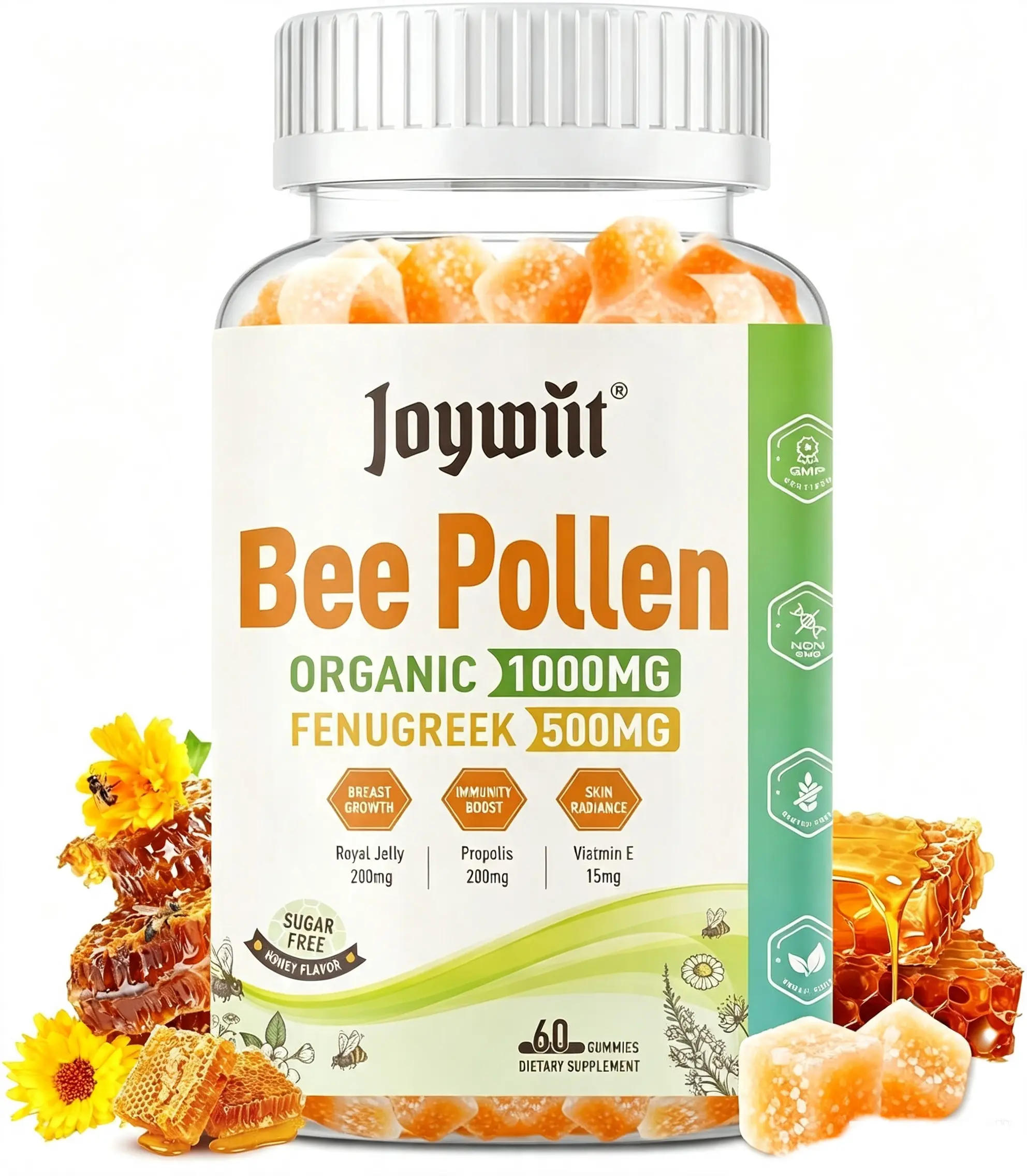 Joywiit Bee Pollen 1000mg Sugar Free Gummies, w/Fenugreek, Royal Jelly, Propolis, Organic Bee Pollen Chewable Supplement for Women, Rich in Vitamin E, Immunity & Skin Care, 60 Counts