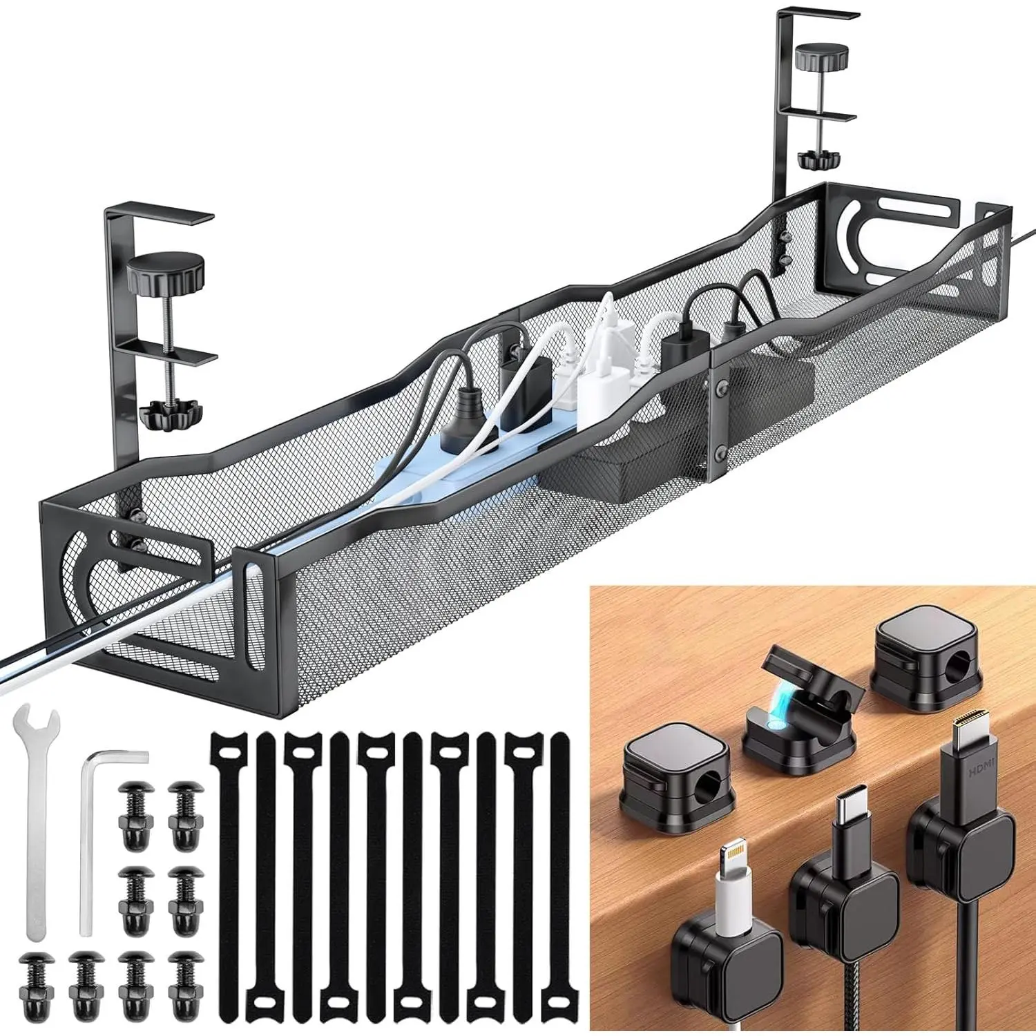 Management Under Desk, 25.3'' No Drill Desk  Management Tray with Clamp, Metal Cord Organizer for Standing Desk,  Wire Management for  Office & Gaming Setup, Black