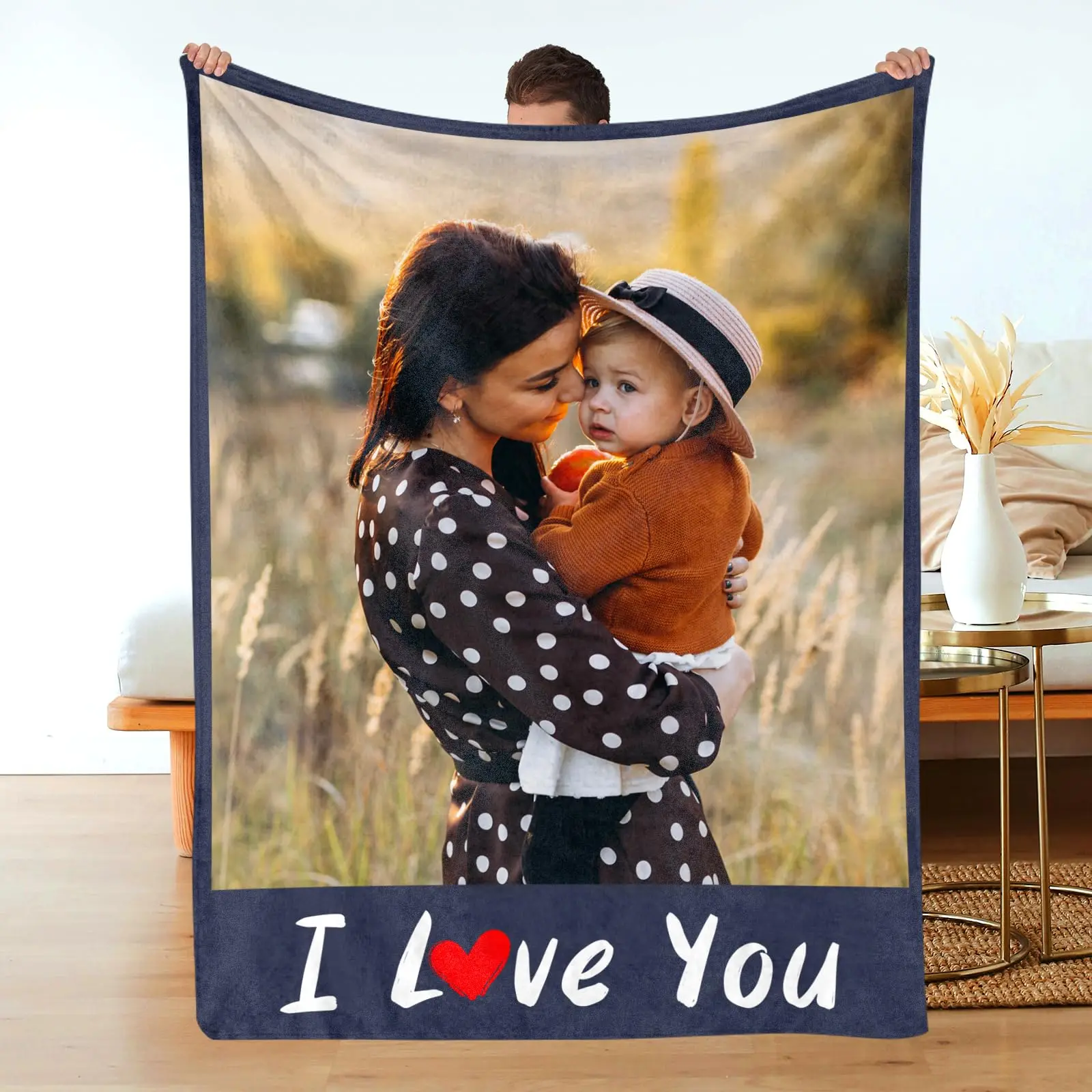 Custom Photo-Text Watercolour Glam Look Crochet Weave Blanket - Soft, Lightweight, Wrinkle Resistant, Stain Resistant, Durable, 127x101cm Personalized Family Commemorative Throw (22x23x8cm Packaging)