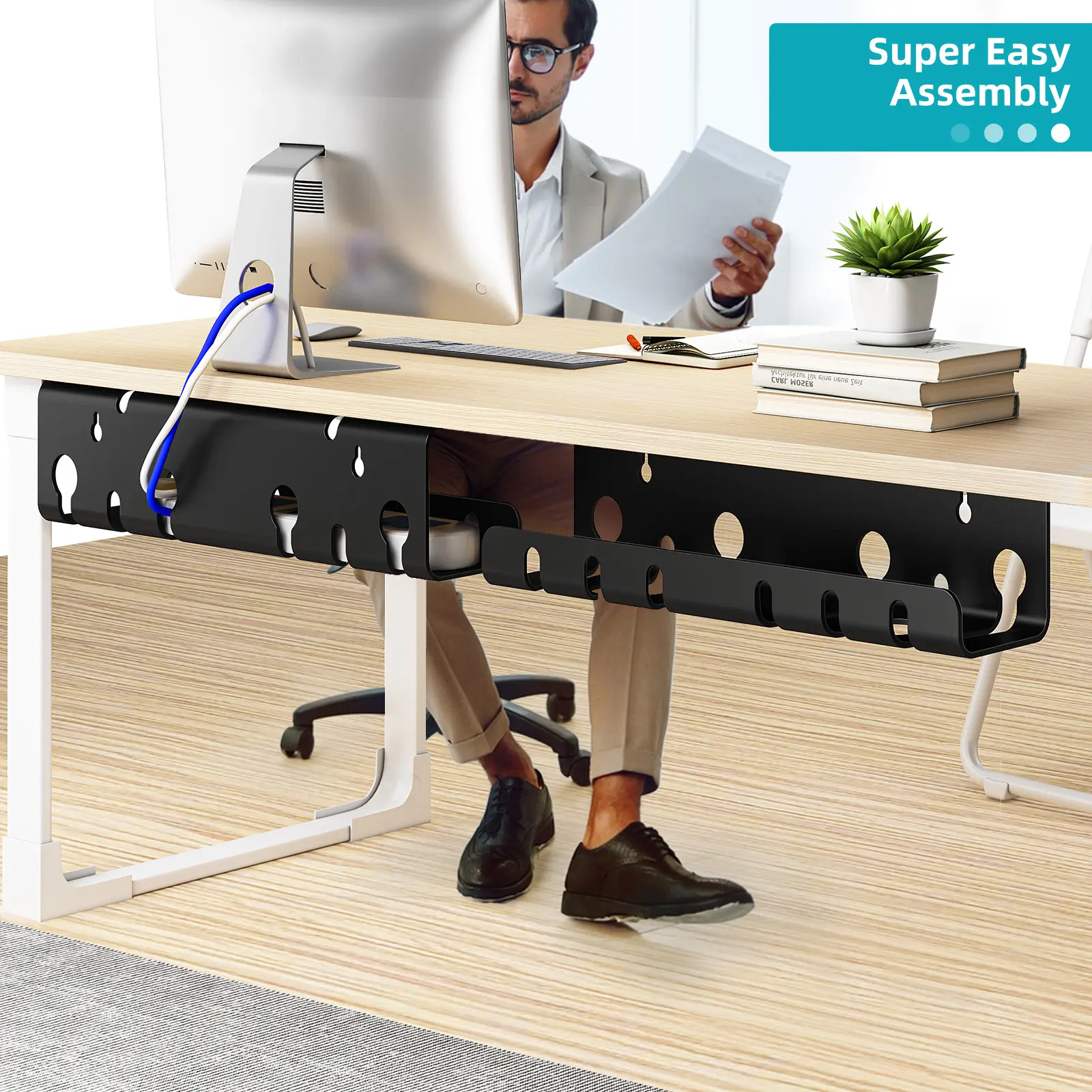 2-Pack Under Desk Cable Management Tray (16.93in), Clamp/Screw Mount Premium Fabric Organizer, Large Capacity Office Accessories for Home & Office DesksS