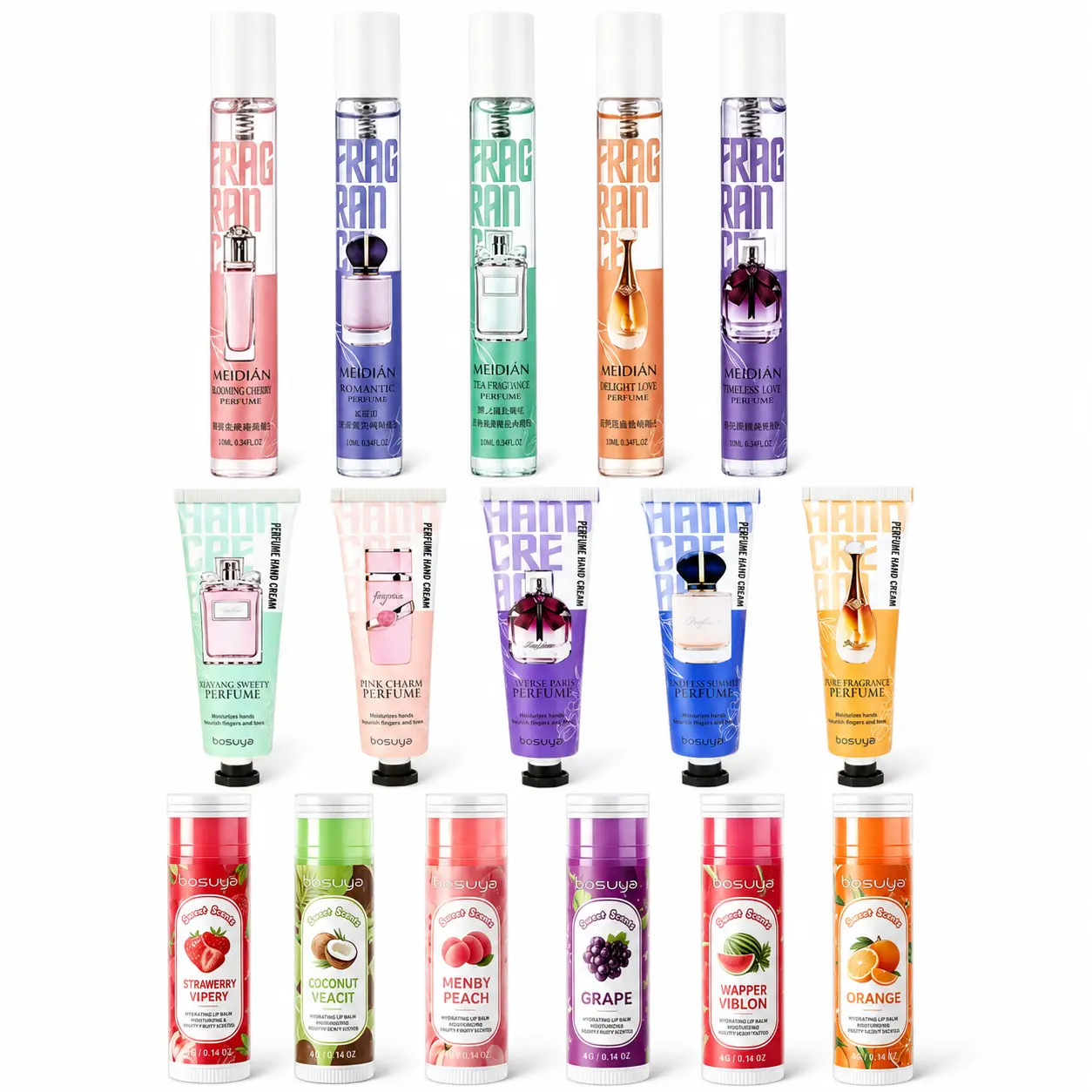 16Pcs Alcohol-Free Mini Perfume Gift Set, 5 Travel Size Unisex Fragrance Sprays with 5 Scented Hand Creams and 6 Fruit Lip Balms, Self Care Beauty Kit for Women, Teens, Moms and Daughters