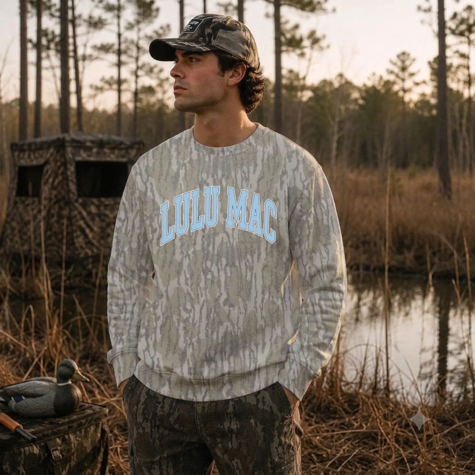 Lulu Mac Bottomland Camo Sweatshirt for Women, Collegiate Graphic Pullover Sweatshirt, Vintage Outdoor Hunting Camouflage Hooded Top, Casual Southern Country Style