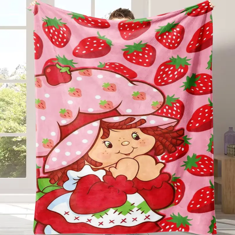 Soft Flannel Plush Throw Blanket - Cozy Flannel, Retro Pink Strawberry Shortcake, Home Textile, Bed Use, Aesthetic Room Plush, Nostalgic Gift for Young Girls, Indoor Home Decor Soft Furnishing, Home Textile Blanket