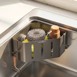 Kitchen Sink Sponge Holder | No Drill Adhesive Sink Caddy Rustproof Carbon Steel with Hooks