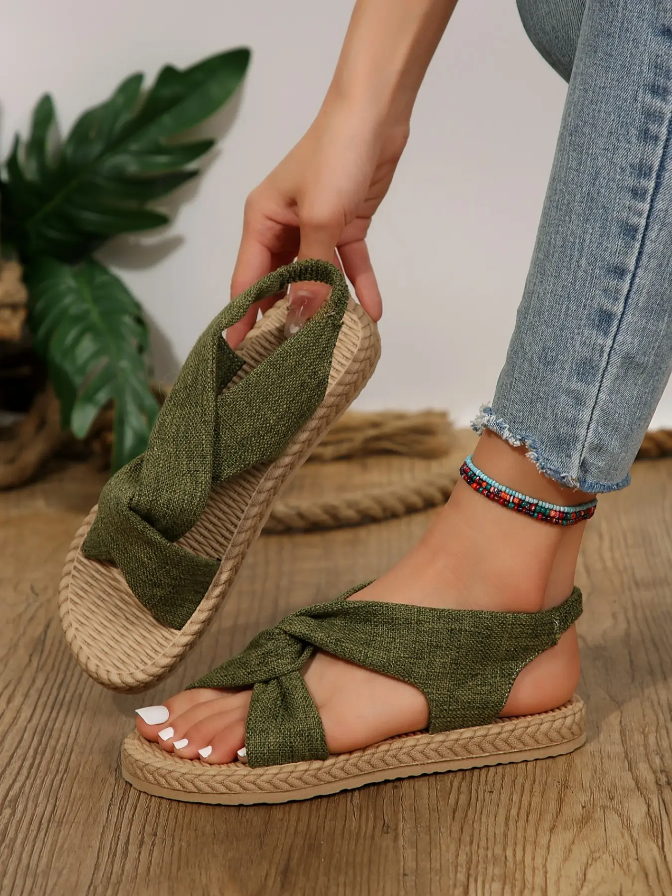 Women's Linen Cross Strap Straw Flat Heel Sandals, Fashionable Breathable Sandals, Casual Elastic Anklet Open Toe Summer Shoes, Textile Upper Rubber Sole
