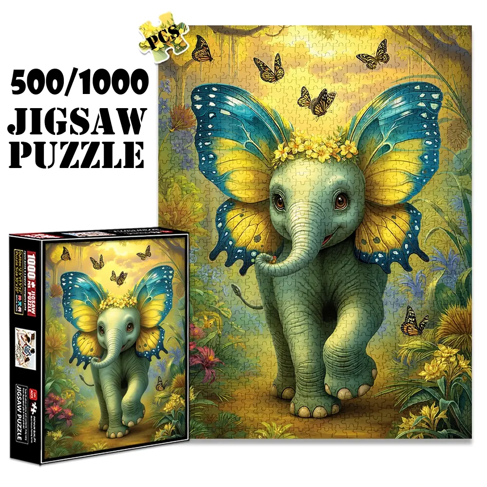 1pc 1000 piece adult puzzle 70x50cm Elephant with Butterfly - like Ears and Flower Crown in Jungle with Butterflies 500 pieces of paper jigsaw puzzle, suitable for adults and families, large-scale