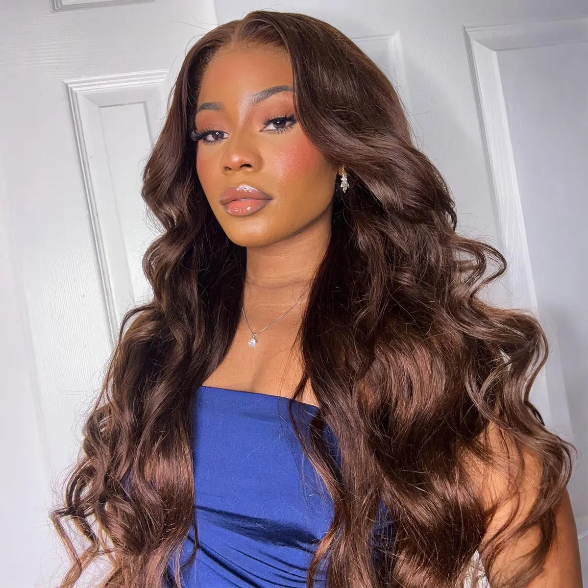 OQHAIR #4 Brown Color C-Side Part 7x5 Layered Cut Body Wave Wig Middle Part Pre Cut Lace Wear Go Glueless Wig Human Hair