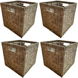 Wicker Storage Cubes 12x12 Set of 4, Heavy Duty Seagrass Baskets for Shelf, Storage Cube Bins, Natural Foldable Square Baskets, Rattan Basket, Ikea Kallax Inserts (Seagrass)