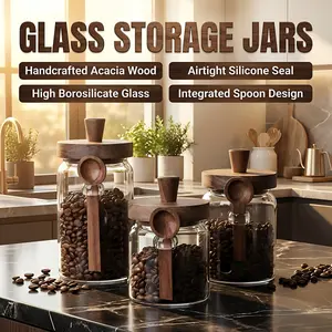 3 Piece Glass Coffee Canister Set with Wooden Lids & Spoons - Airtight Food Storage Jars for Coffee Beans, Tea & Sugar (Farmhouse Kitchen Decor) Adjustable Acrylic Straw Holder airplane bottles Mug Wall Double Insulated Retro Pouches Squeeze Clear