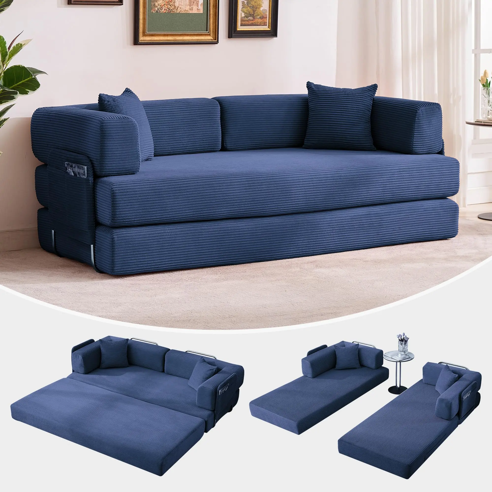 Garvee 5-in-1 Convertible Sleeper Sofa Bed - 78.8" Corduroy Floor Couch Futon - Modular Loveseat with Sturdy No-Assembly Frame and Pillow Included - Space-Saving for Living Room and Bedroom