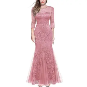 M22001 Women's Elegant Lace Chiffon Mermaid Bridesmaid Dress, 3/4 Sleeves, Fitted Bodice, Perfect for Formal Wedding, Evening Party