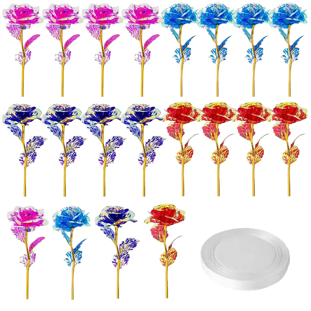 20 Pack Mix Color Galaxy Artificial Glass Roses (4 Styles Crystal Forever Flowers) with 22m Ribbon, Decorative Shiny Starry Handmade Gifts for Valentine's Day, Wedding Festive Ornaments