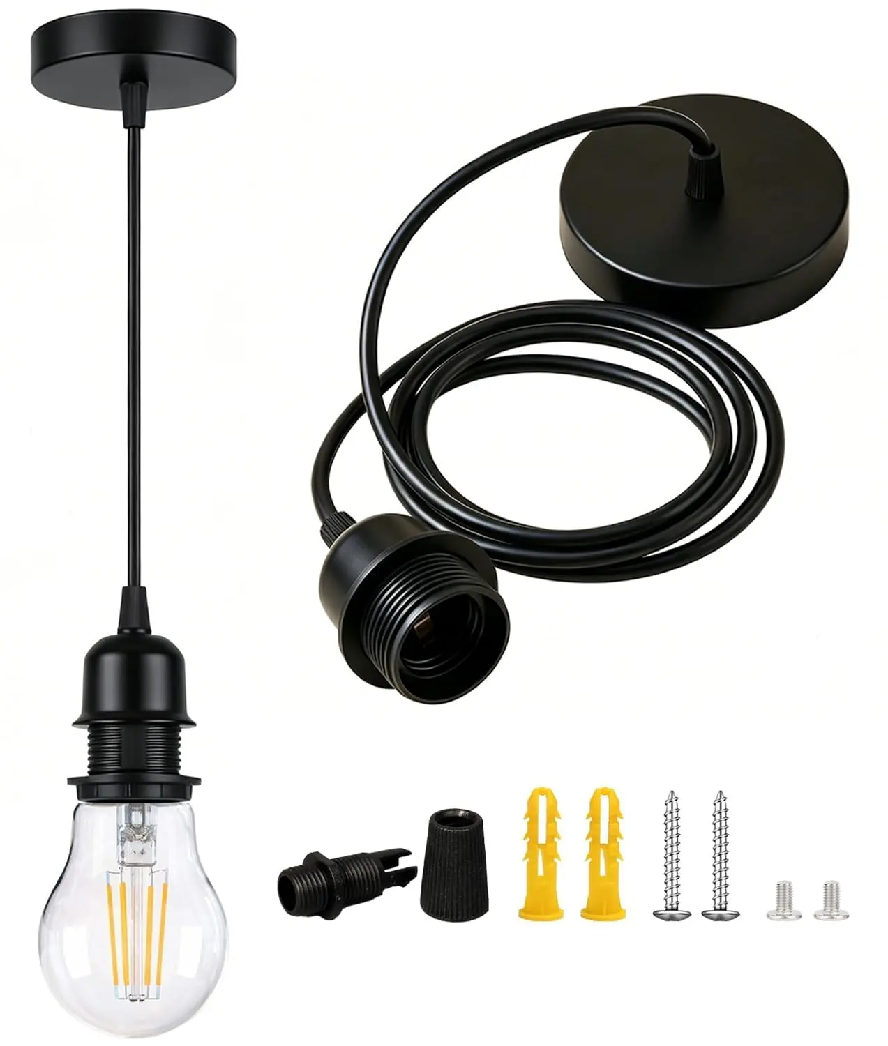 [UL Listed]Black  Pendant Light Kit Industrial,  E26 Lamp Socket Adjustable Hanging Pendant Light, Vintage Edison Pendant Light Cord Fixture, Retro Ceiling Lamp Kit for Kitchen Island Hallway