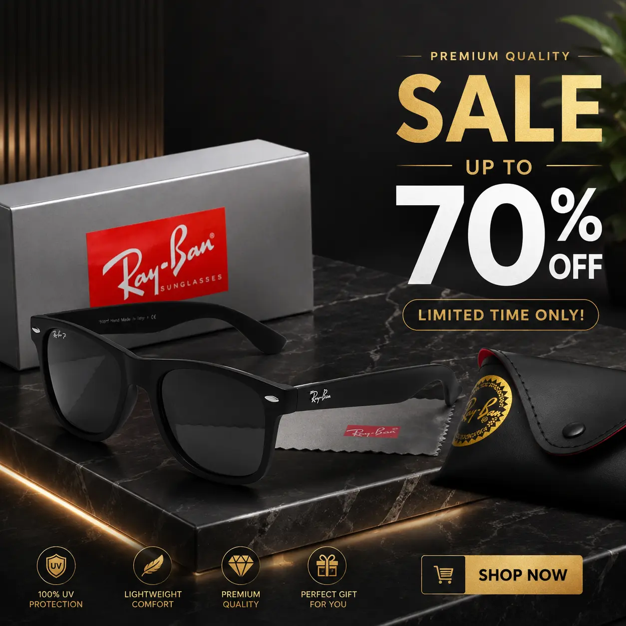 Ray-Ban Black Polarized Sunglasses – Glossy & Matte Frame with UV400 Lens Protection for Men & Women