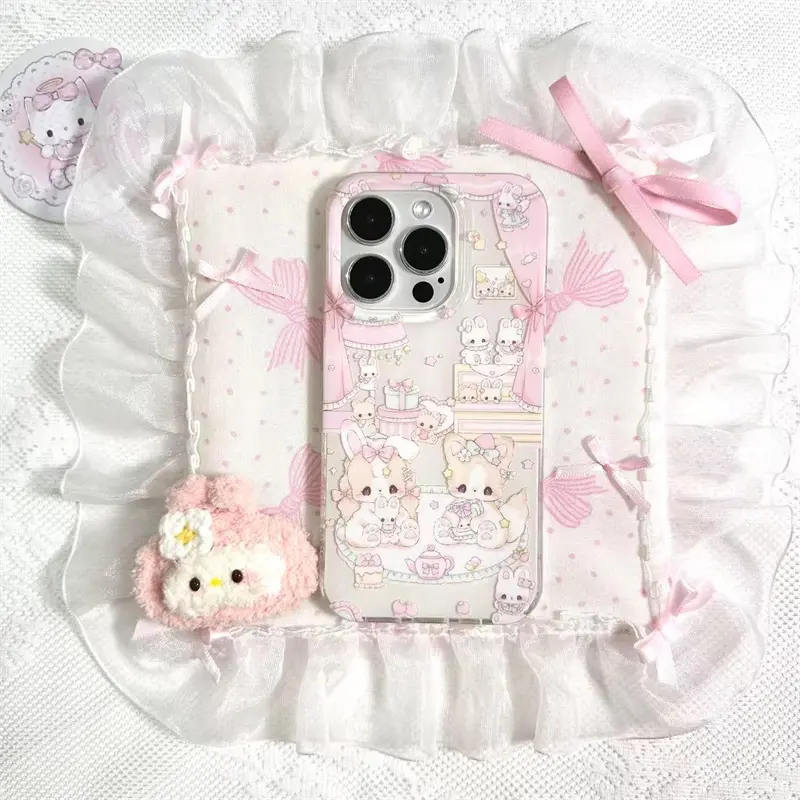 Crystal transparent white light cute rabbit cat tea party protective phone case Cover Casing Accessories Decorative Phone Protector for iPhone 11 12 13 14 15 16 pro max