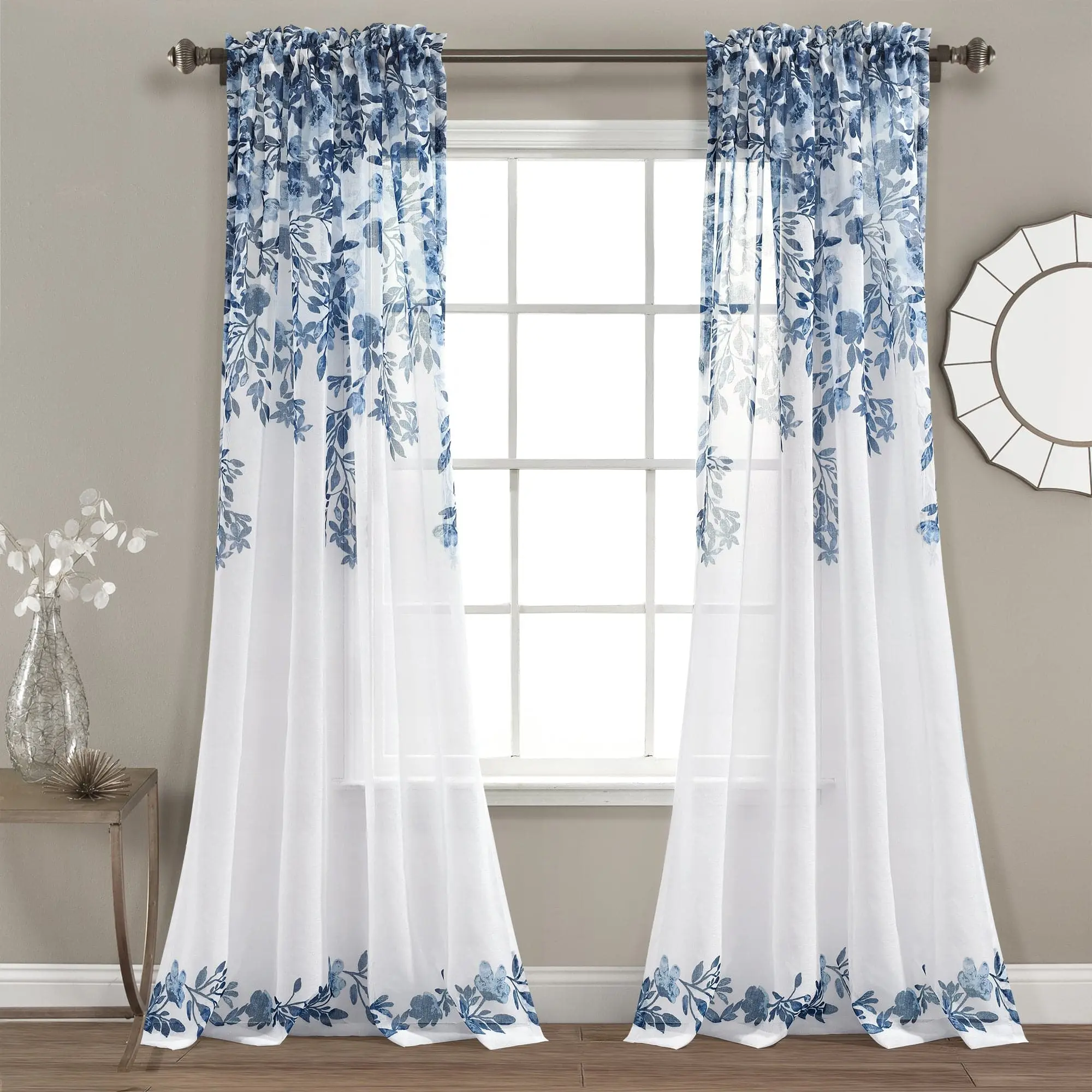 Lush Decor Tanisha Sheer Window Curtain Panel Set with Floral Design and White Edges