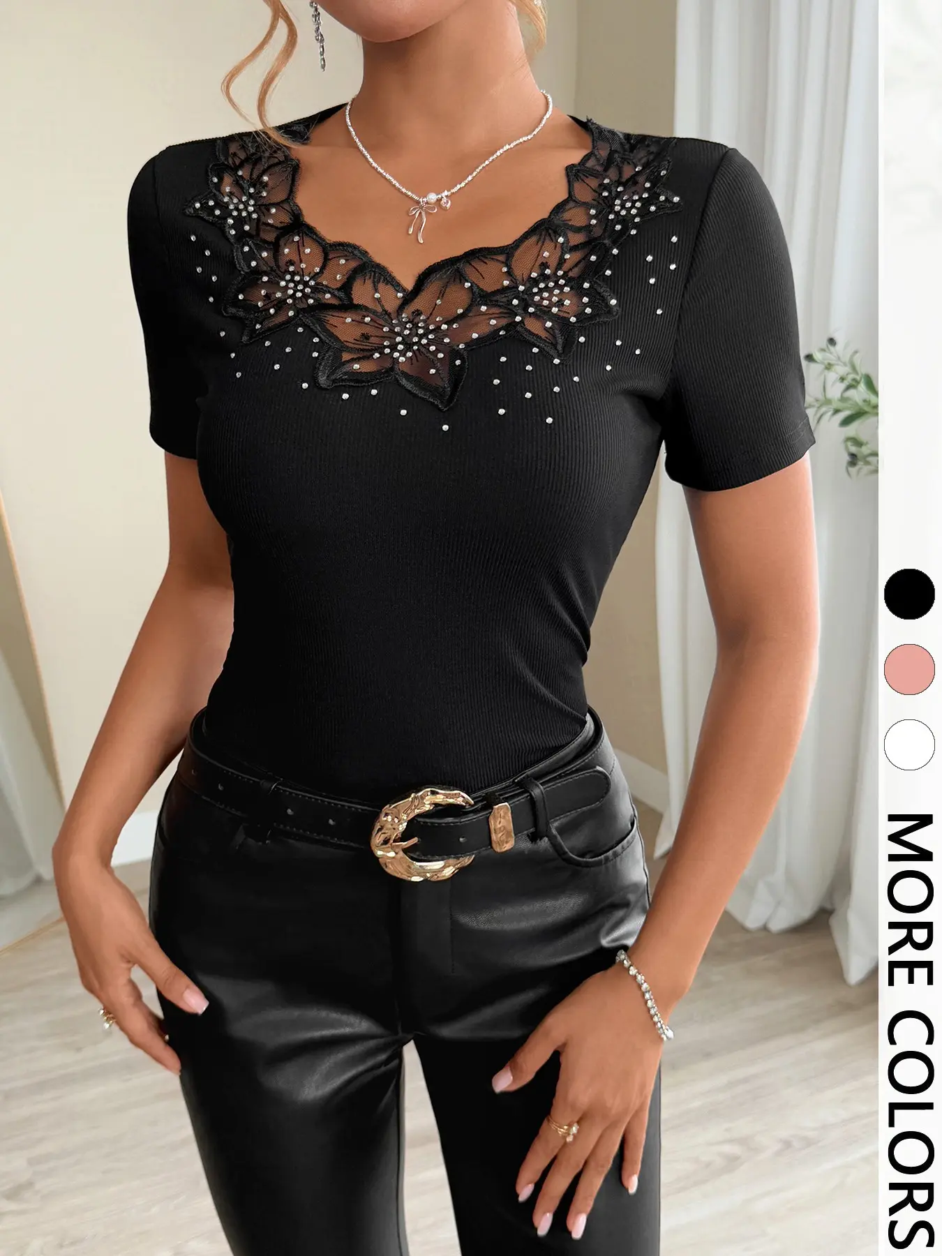 Single Piece Solid Color Lace Trim Rhinestone Short Sleeve Knit Slim Fit Top, Lady, Elegant V-Neck Slimming, Essential for Formal Work Date Party, Womenswear