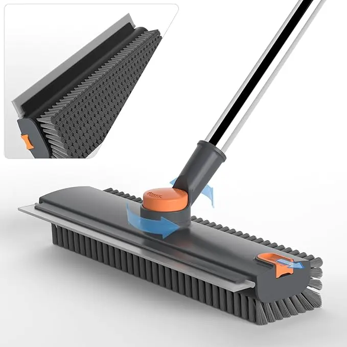 3-in-1 Heavy-Duty Brush+Squeegee Floor Cleaner with Adjustable Long Reach Handle - 90° PVC Bristles, Tweezer, Rotatable Design for Indoor/Outdoor Kitchen, Garage Home Care Supplies