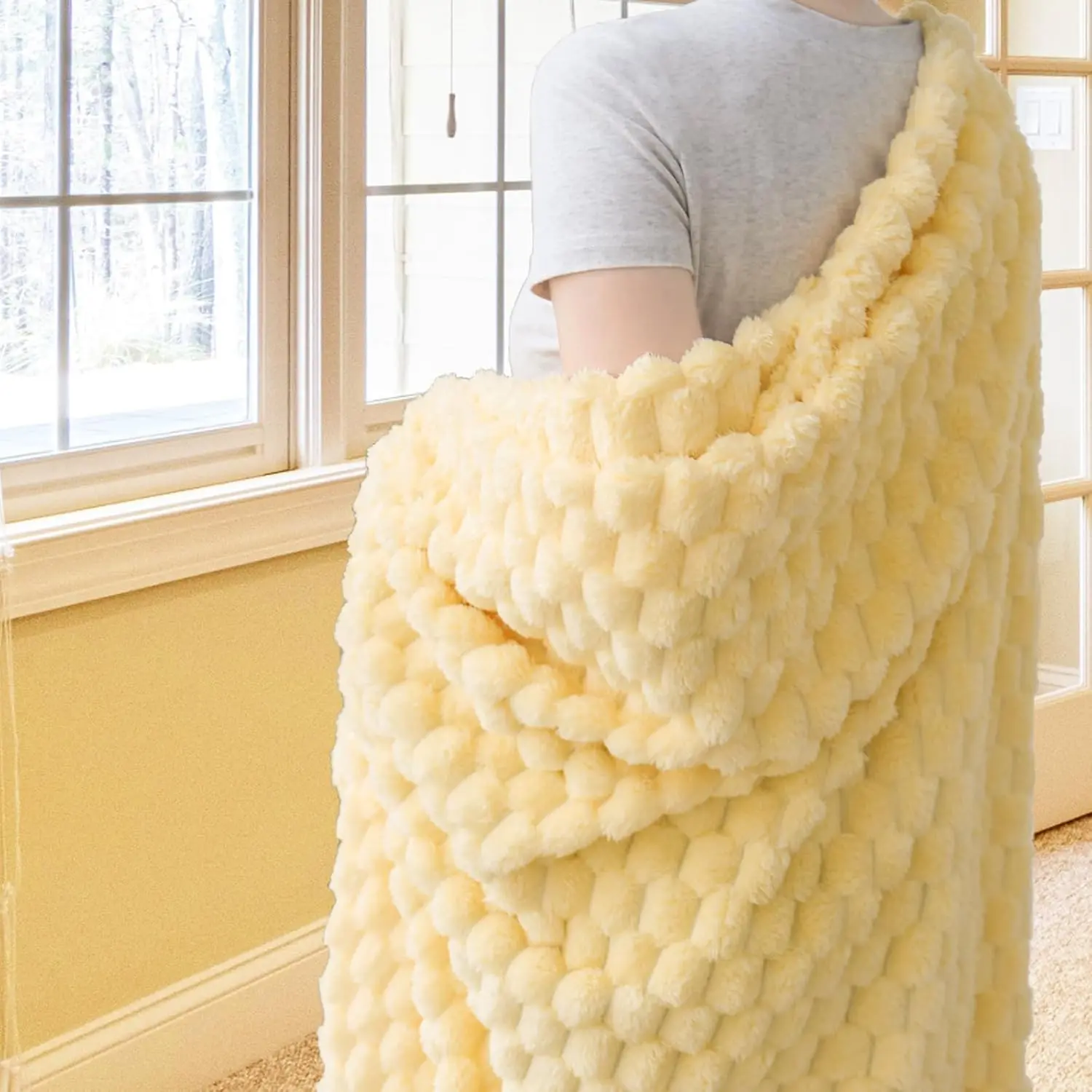 Flannel Fleece Throw Blanket, 3D Jacquard Light Yellow Fuzzy and Warm Blanket for Couch, Sofa, Bed, 300GSM Super Soft Touch Cozy Home Decor for All Seasons (50x40 inches)