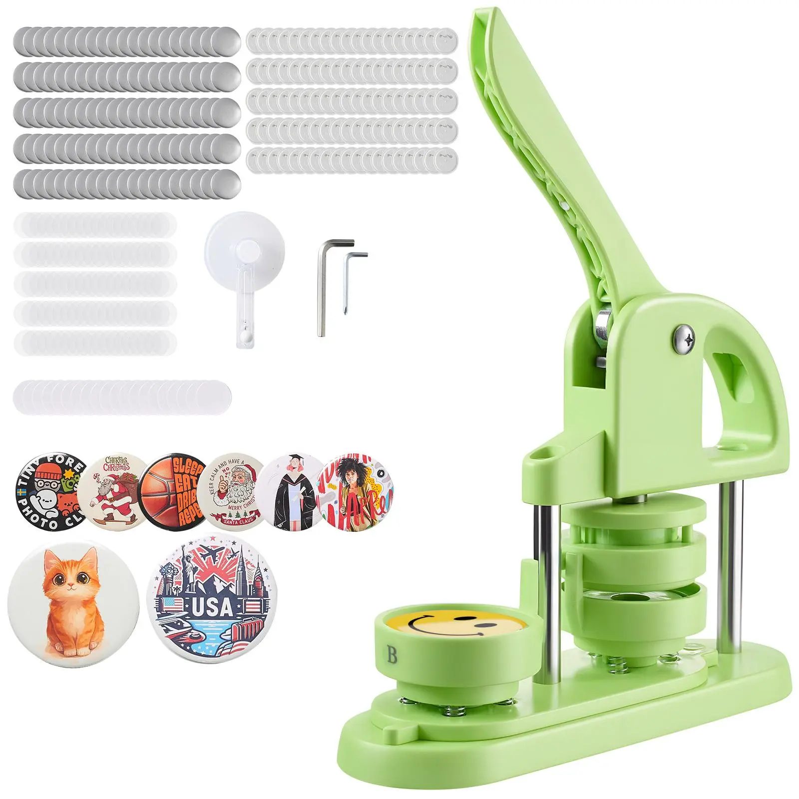 【Backtoschool】VEVOR Button Press Machine, 2.28 in ABS Body DIY Kit, Plastic Pin Maker with 100pcs Button Parts, Circle Cutter, Hex Wrenches, Reinforced Ergonomic Handle, for Handmade Gifts, Crafts, Green